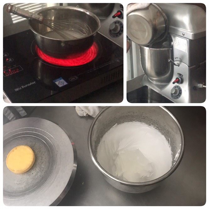 法式柠檬塔,制作蛋白霜，先将B加热至110度，倒入到打至湿性发泡的A中，将柠檬酱填到甜挞皮中。
