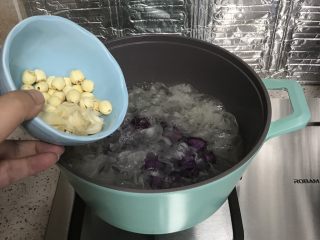 紫薯银耳汤,下入莲子，百合