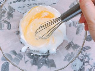简易的酸奶蔓越莓麦芬（松饼粉版）,用蛋抽搅拌均匀。