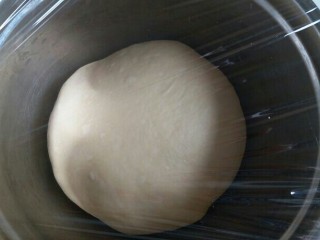 椰蓉面包,揉面结束后，把面团取出来团圆，放到不锈钢盆内盖上保鲜膜，进行第一次发酵