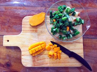 健康饮食之藜麦秋葵吐司沙拉,小芒果去核取两边，切花刀取出果肉，放入沙拉碗！