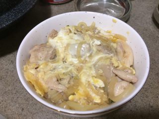 亲子饭,连汤汁，鸡肉鸡蛋整个平铺在白饭上或者面条上。