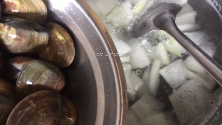 沙白冬瓜汤,待冬瓜片煮至开始变得透明时即可加入洗净后的沙白