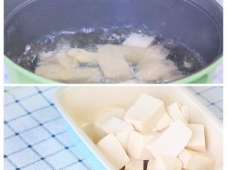 猪肉豆腐蒸水蛋,豆腐切小块，热水中焯1分钟去去豆腥味，沥干水分，放入蒸盘中。