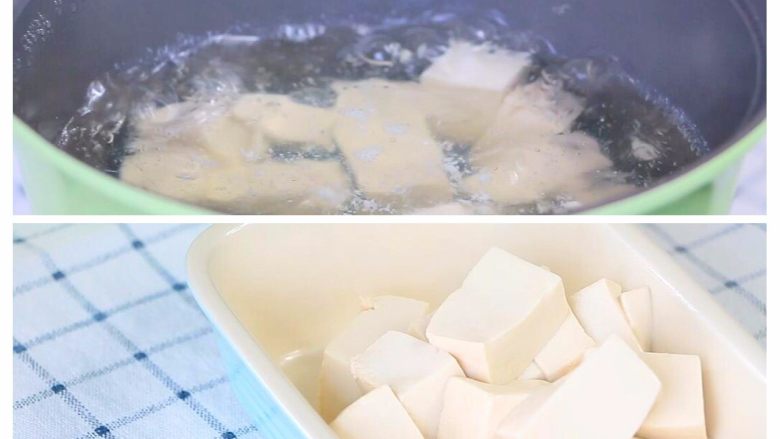 猪肉豆腐蒸水蛋,豆腐切小块，热水中焯1分钟去去豆腥味，沥干水分，放入蒸盘中。