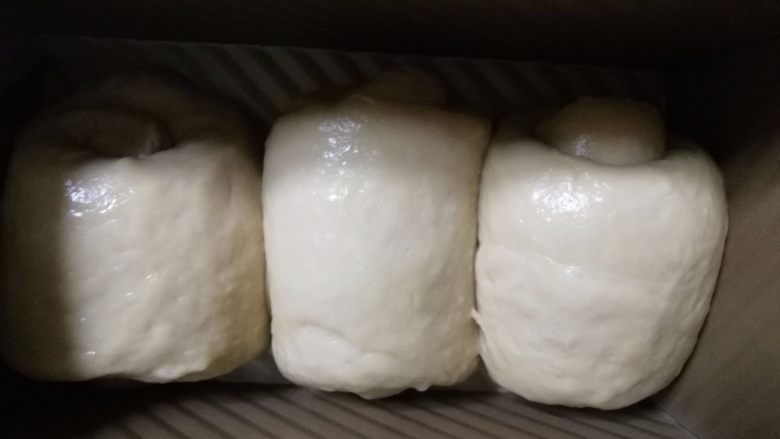 奶茶吐司（一次发酵）,11.卷好的面团放在吐司盒中。放在温暖湿润的地方发酵。