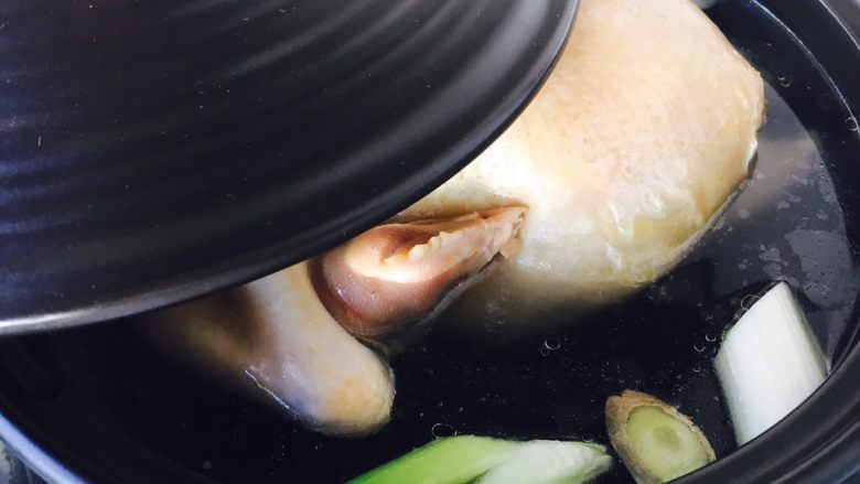 竹荪炖笨鸡汤,待水煮开后盖上砂锅锅盖，改小火，炖约1个小时左右。