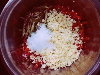自制刀豆剁椒酱🌶️,红辣椒盆中加入姜、蒜末，刀豆，白糖和盐搅拌均匀