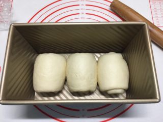 基础白吐司（波兰种）,三个面团一次摆入吐司盒，收口朝下