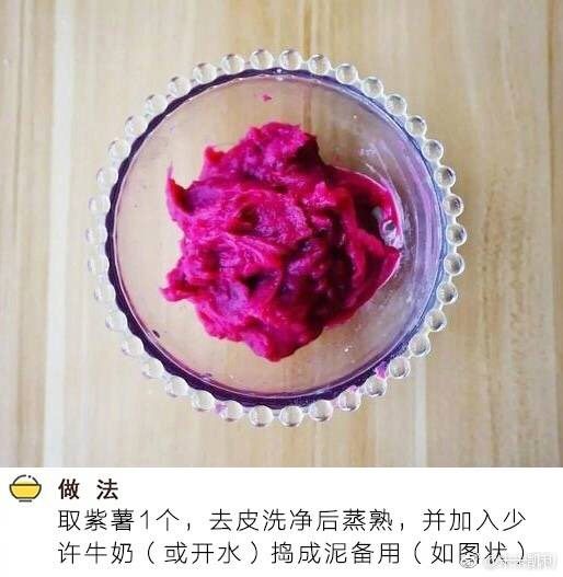 紫薯寿司,取<a style='color:red;display:inline-block;' href='/shicai/ 2643'>紫薯</a>一个去皮洗净后蒸熟并加入少许牛奶或开水捣碎备用