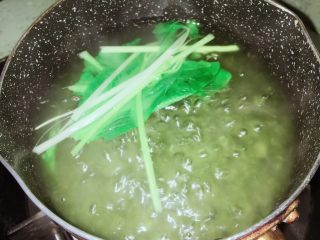 芹菜牛肉蔬菜粥  宝宝辅食10M+
,芹菜和青菜放入锅中煮熟