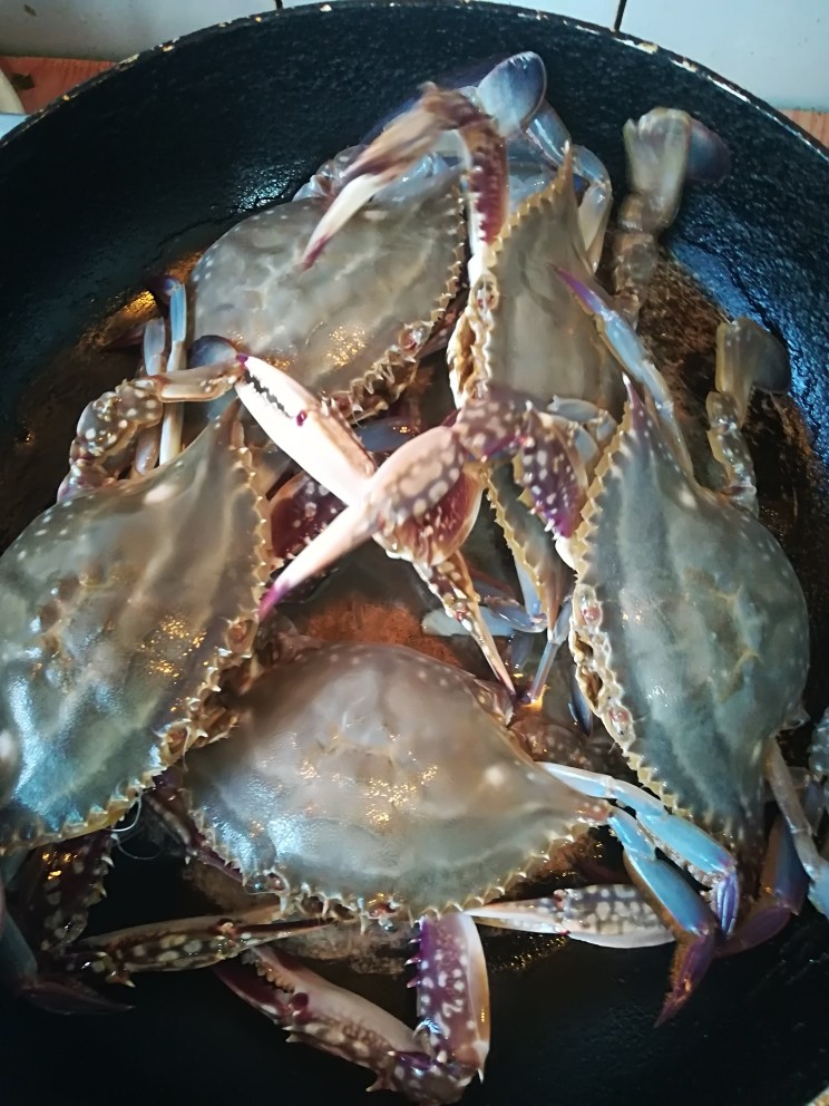 锅烀螃蟹,去掉腿上的皮筋，洗完摆在锅里，壳向上摆。