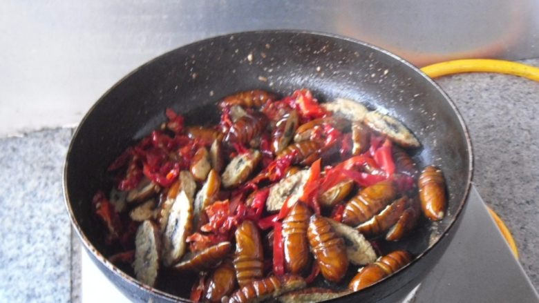 红辣椒煸蚕蛹, 炒制到红辣椒出辣香味 