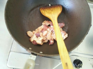 白菜猪肉炖粉条,干锅放肉块，炒去水分
