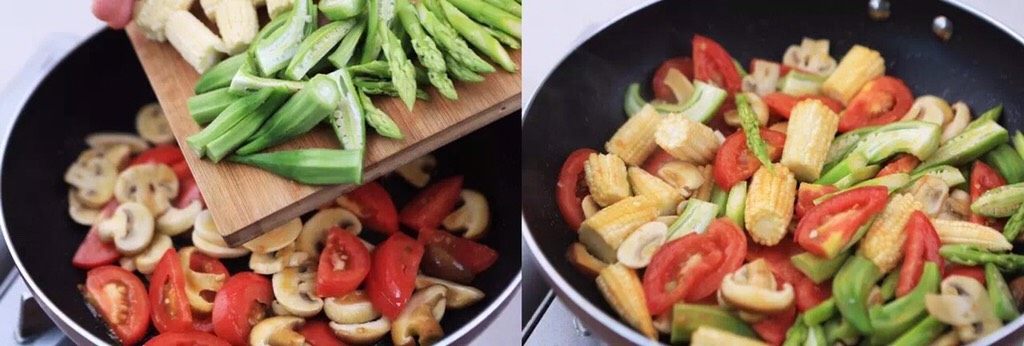 常见蔬菜熬出一锅鲜，让你餐桌上的汤不再单调！,加入秋葵、芦笋、玉米笋，炒至断生