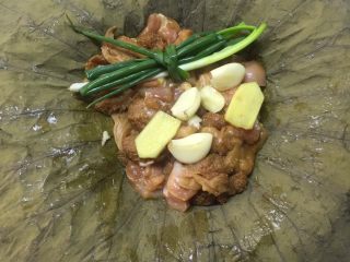 荷香蒸猴头菇鸡腿肉（附如何清洗猴头菇）,将荷叶铺开，放入腌制好的猴头菇鸡腿肉。表面摆上葱结，蒜子，姜。