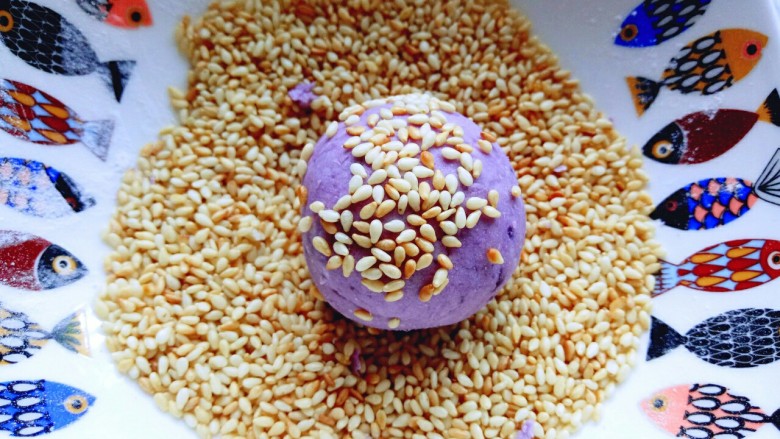 芝士紫薯球#附紫薯泥制作#,将揉圆的芝士紫薯球再芝麻容器中滚上芝麻。
