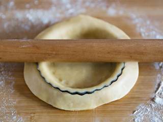 碧根果派,预热烤箱至180度，用擀面杖把派皮擀薄， 覆盖在模具中压实， 烤制15分钟，可作2个4寸的派。