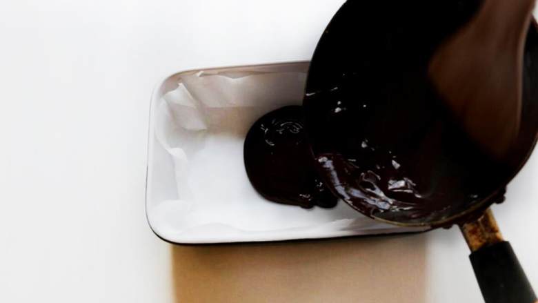 冰皮巧克力流心月饼,将做好的巧克力酱倒入铺好烘焙纸的浅口盘中，放入冰箱冷冻。（这一步是为了包起来方便，如果会包流体馅，将巧克力酱装入裱花袋备用即可。）
