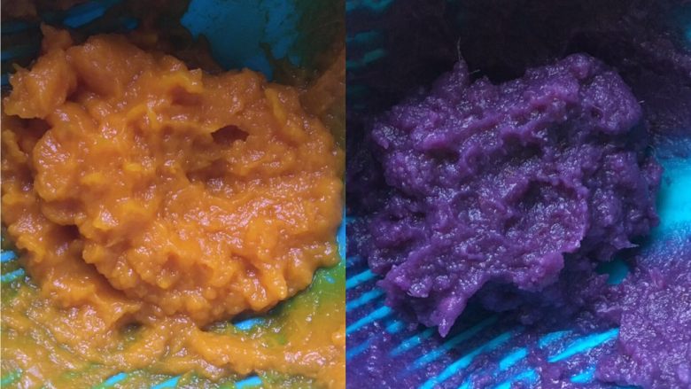 双色渐变溶豆,南瓜和紫薯分别去皮切块蒸熟，我用的研磨碗少量加水压泥，也可以料理机打泥，随意都可以。