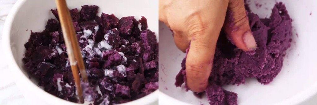 “瘦”不了了！还是受不了？紫薯和香芋的甜蜜！诱人不？！,加适量椰奶，拌匀后捏成红薯泥