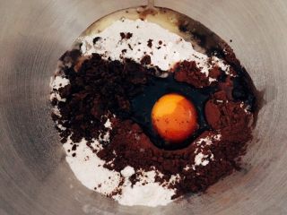 巧克力坚果软欧,把面粉、巧克力粉、盐、红糖粉、鸡蛋、72g水一次过放入厨师机里