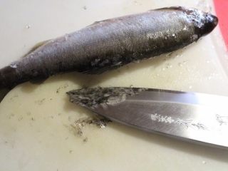 香甜米饭+香魚炊飯,將香魚魚鱗用刀刮除。
