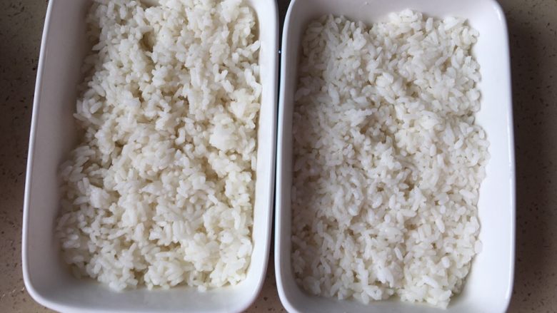香甜米饭+三文鱼烤肠培根🍅🥔🥕焗饭,准备二个进烤箱的容器，米饭铺底。