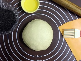 有内涵的辫子面包系列之--黑芝麻,面包面团经过1个小时左右的揉面、一次发酵后，取出，排气揉圆
