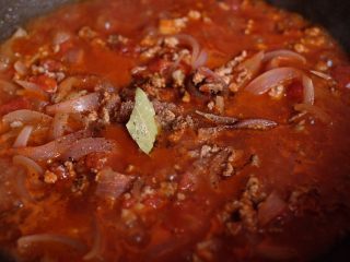 番茄肉酱意面,加入月桂叶，适量盐和黑胡椒碎，翻拌均匀，中小火炖煮入味
