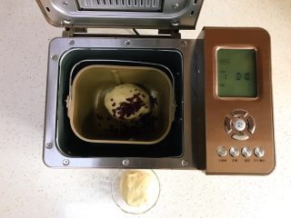 可可双色面包（面包机版）,将313克的面团放入面包机内，并加入准备好的蔓越莓，取消暂停，恢复和面程序。