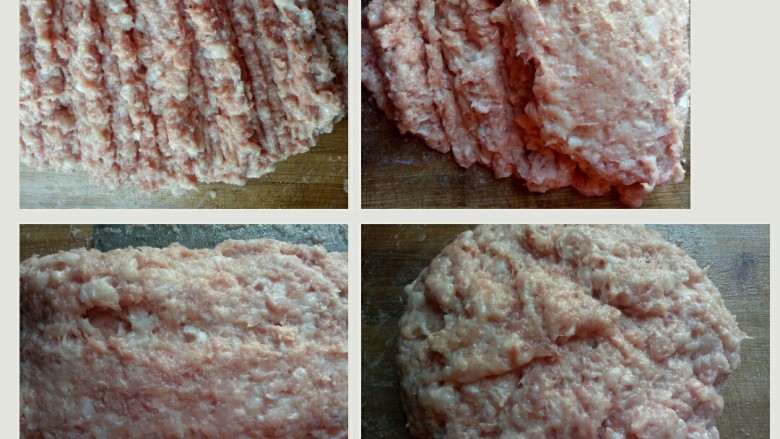 紫甘蓝水饺,剁肉 剁到看不到明细的肉粒就好
（个人觉得手工剁出来的肉比绞肉机绞的口感更好）