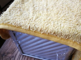 海绵酵头全麦吐司,盖上保鲜膜和干净的湿毛巾进行二次发酵～(￣▽￣～)~