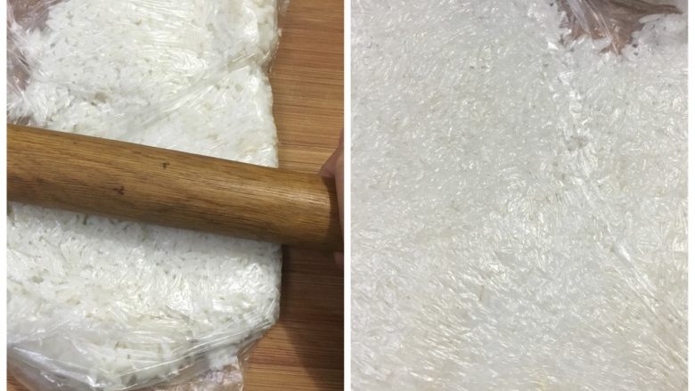 红薯米饭煎饼,将熟米饭装进保鲜袋，用擀面杖将米饭均匀擀压碎。