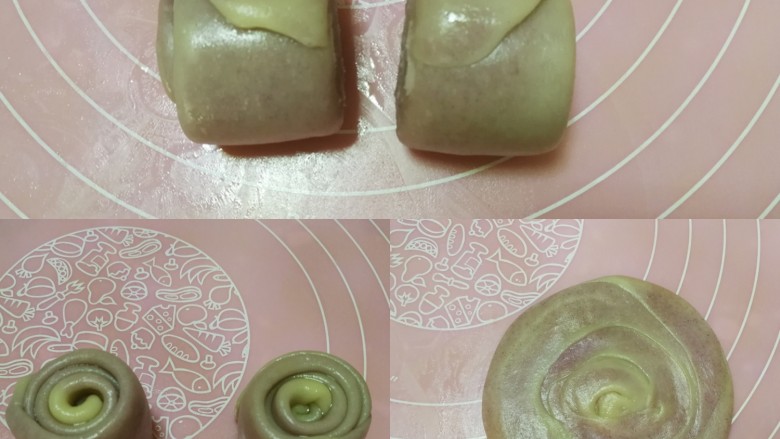 紫薯莲蓉蛋黄酥,如图用刀将面团从中间切开一分为二，切面朝下，用手按扁后擀开成圆形