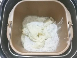 红糖黑芝麻叶子软欧,所有材料除黄油外，全部放入面包机桶内进行揉面；