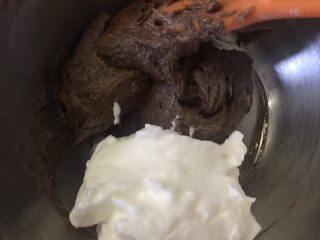 超浓郁巧克力纸杯蛋糕,剩余蛋白霜分两次加入，切拌均匀。