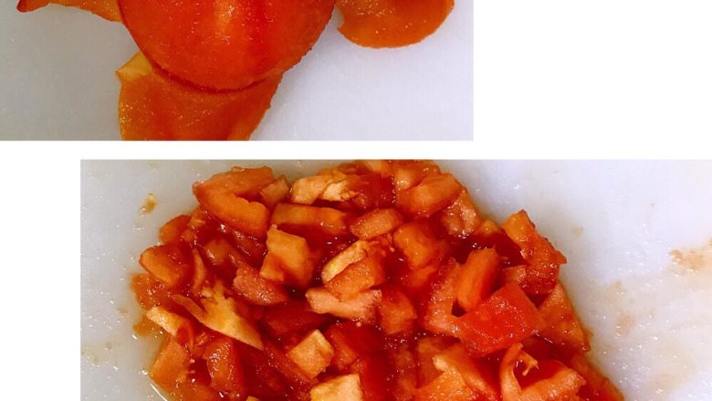 番茄酱培根意面,取出番茄，这时番茄表皮很容易剥离，切成小丁备用