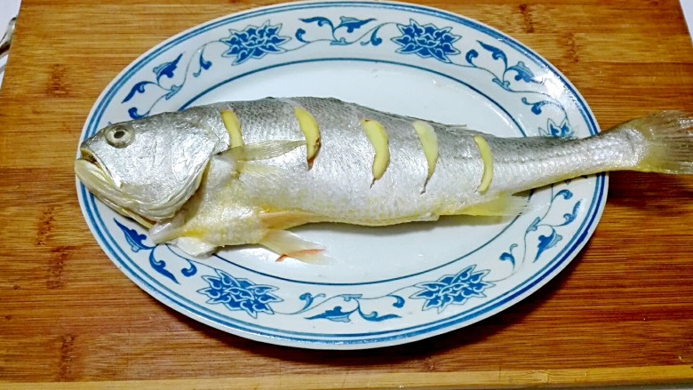 披红戴绿的蒜香红辣椒蒸黄鱼,腌制时间到，在鱼身上的每道切开上面塞一片姜片，肚子里面和鱼下面都放姜片