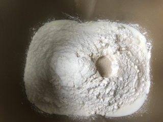 12连汉堡小面包,放入高筋面粉，上面用手指戳一个小坑，放入酵母。
