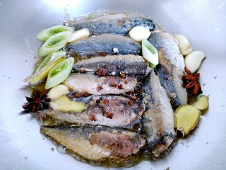秘制沙丁鱼,放入准备好的葱姜蒜和花椒大料，略煎一会儿。