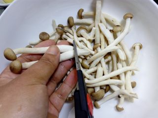 炒三鲜,海鲜菇剪去根部及杂质。