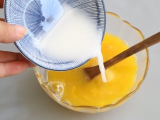 日式蛋包饭,鸡蛋打散，加入水淀粉搅拌均匀。
