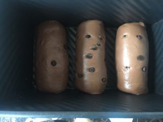巧克力豆吐司,三个都卷好整齐地码在吐司盒里