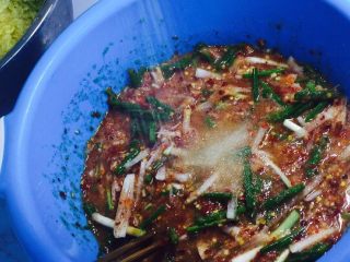 韩式辣白菜（辣酱调制）,一点点盐，还可以添加虾酱，本人对虾过敏，所以没有添加！腌料就做好啦！
