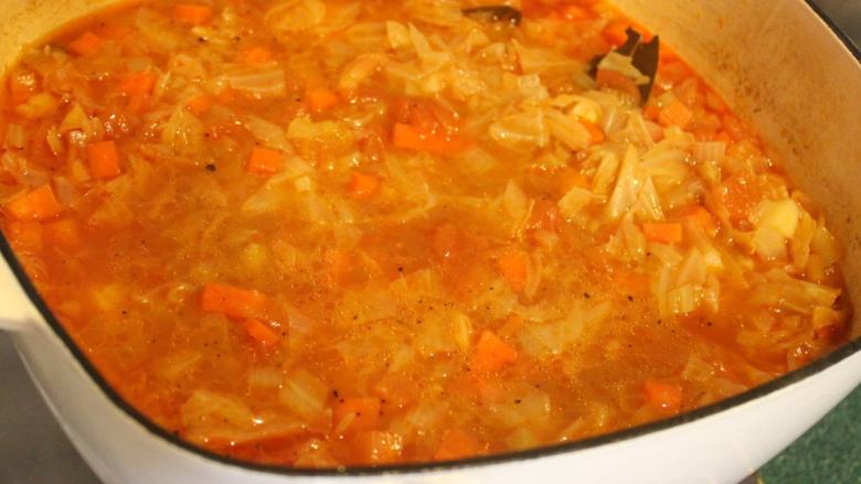 牛尾罗宋汤,小火炖煮约30分钟。起锅前以盐胡椒调味，加入巴西里，拌一下熄火。