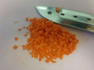 辅食：鸡肉蔬菜粥,胡萝卜切成小块。