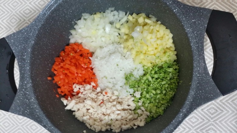 辅食：鸡肉蔬菜粥,把<a style='color:red;display:inline-block;' href='/shicai/ 507'>米饭</a>和所有食材入锅，并加水和少量有机盐，水盖住食材即可。加热至煮熟，食材变软即可 。