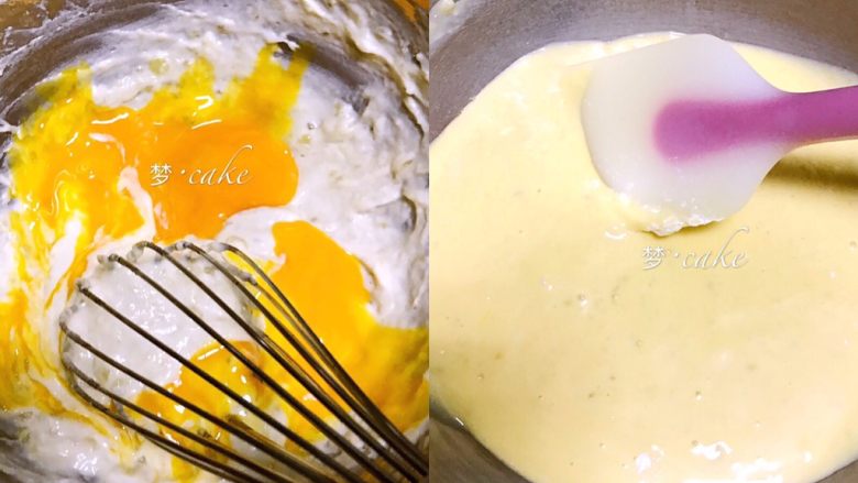 香蕉蛋糕卷,用手动打蛋器把蛋黄和香蕉面粉糊充分混合，混合成细腻的面糊即可