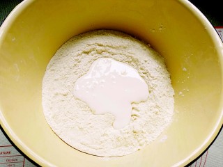 抹茶麻薯全麦酸奶软欧,料理盆中加入做面包的材料(橄榄油、酵母粉和5g清水除外)拌匀和成团